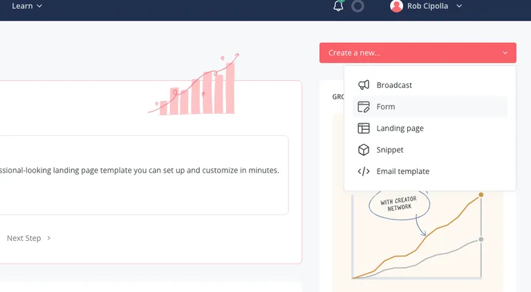 Screenshot of the convertkit dashboard demonstrating where to find the create a new form button