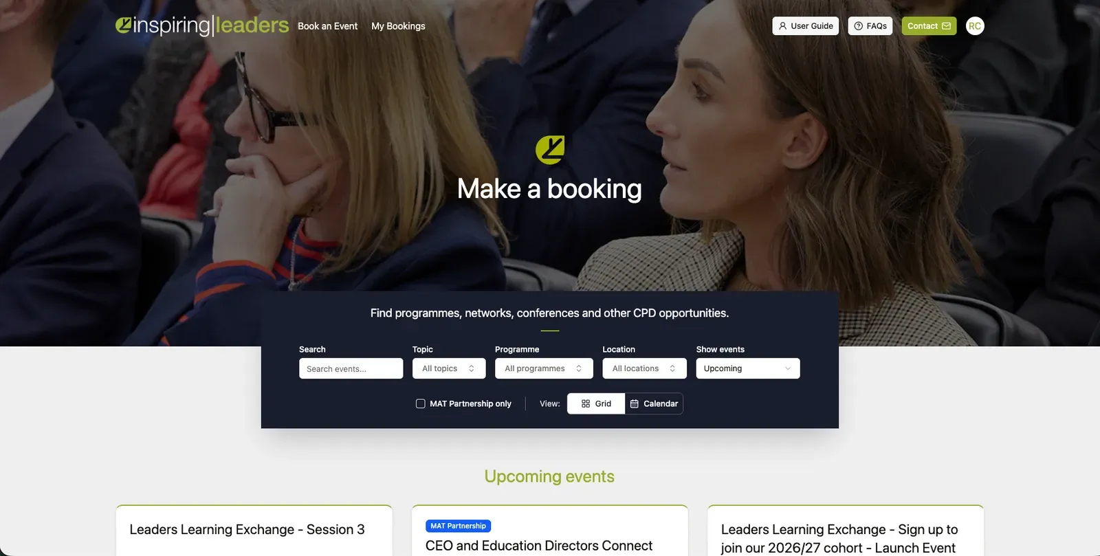 The Inspiring Leaders CPD booking platform homepage